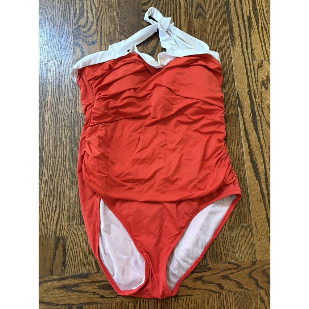 Lauren Ralph Lauren BelAire Halter 1-Piece Swimsuit Drape Size 14 Reddish Orange